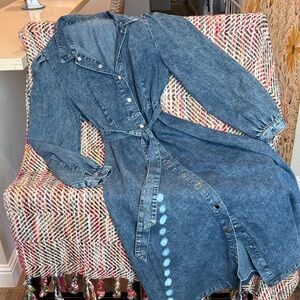 Acid Washed Denim Button-Up Midi Dress with Belt - XL